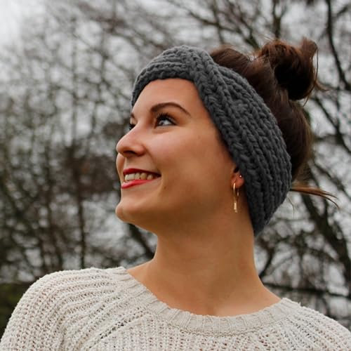 myboshi Strickring-Set Stirnband Arona, inkl. No.1-Wolle, Strickring, Anleitung, Wolle und Label, Strickringpaket, für Anfänger geeignet, Loom-Set 30% Merinowolle Grau mit Strickring