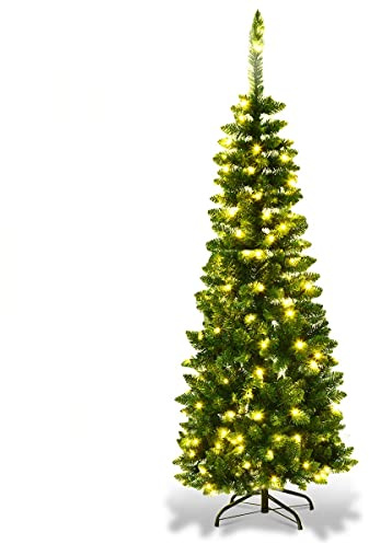 COSTWAY 4.5FT/5FT/6FT/6.5FT/7.5FT Pre-lit Slim Christmas Tree, Hinged Pencil Xmas Tree with Warm LED Lights, Foldable Metal Stand & Superior PVC Leaves, Holiday Decoration for Home and Shops(4.5FT)