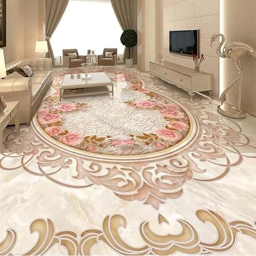 Pvc-Bodenbelag-Rolle Pvc-Selbstklebende Fototapete Europäischen Stil Luxus Blumenmuster Marmorboden Wandbild Aufkleber Wohnzimmer Schlafzimmer Pvc Selbstklebende Bodenfliese,350X245Cm Schlafzimmer W