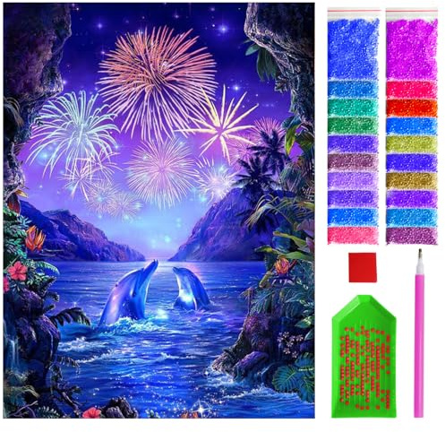 ARTULIO Diamond Painting Set - Delfine während Silvester - 30x40 cm – 5D Diamant Painting Bilder DIY, Diamond Painting Erwachsene