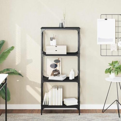 Yisssmeng Libreria nera 4 ripiani, 59 x 35 x 132 cm, materiale in legno e telaio in metallo, moderna scaletta con gambe regolabili per soggiorno, camera da letto, ufficio