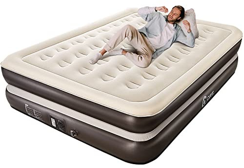 Ciays Air Bed with Built-in Pump, Double size Airbed Air Bed with Carrying Bag for Home and Camping, Flocked Top Air Mattress for Guests, Family, Brown