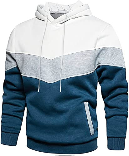 Loveternal Pullover per Uomo Blu Bianco Patchwork Felpa con Cappuccio Manica Lunga Essenziale Sport Felpa Cappuccio Monocolore Pile per Donna Monocolore Felpa Casual Capispalla Pullover con Tasca, XL