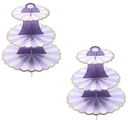 CHUANGOU 2 PCS Alzata per Torta e Cupcake, 3 Livelli in Cartone, per Matrimonio, Compleanno, Baby Shower, Dessert (Viola Bianco)