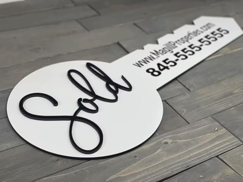 Pahdecor Plaque en bois personnalisée pour agent immobilier, panneau vendu par un agent immobilier, clé immobilière, cadeau de clôture immobilier, panneau d'agent immobilier, entreprise (blanc)