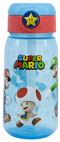 Botella de agua infantil de plástico de 510 ml con tapón y pajita de Super Mario