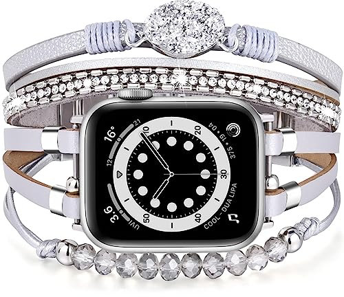 VISOOM Beaded Boho Kompatibel mit Apple Watch Armband 42mm/44mm/45mm/49mm/46mm Series 10/9/8/7/SE 6/5/4 Frauen Leder Mode Niedlich Handmade Multilayer Wrap Watch Strap iWatch Bands Replacement,Silber