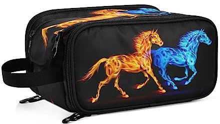 Kulturbeutel Blaues orangefarbenes Pferd Große Kosmetiktasche Kulturtasche Waschtasche Make Up Tasche Waschbeutel Schminktasche für Damen Mädchen
