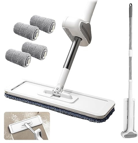 Wischmopp Set Bodenwischer Flacher Wischmopp 360°Drehgelenk Bodenwischer Set Flachmopp mit 4 Wischpads Wiederverwendbaren Mikrofaser Wischpads für Flächen Bodenreinigung Senden Schaber