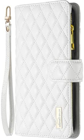 Wallet Case fit for iPhone 15 Pro | 9 Card Holder Slots Zipper Pocket Handbag Case | PU Leather Magnetic Closure Kickstand with Wrist Strap TPU Shockproof Flip Case | White