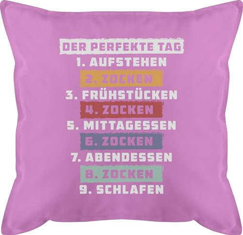 Kissen 50x50 - Statement mit Sprüchen - Der perfekte Tag - Zocken - Weiß - 50 x 50 cm - Pink - gamerkissen kissenbezug spruch sprüche game männerkissen zockerkissen und fuellung spruechen gamer