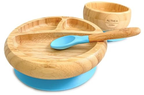 Althea Living - Vajilla de bambú para bebé, plato harvard y bol con ventosa, cuchara de silicona - Azul Capri