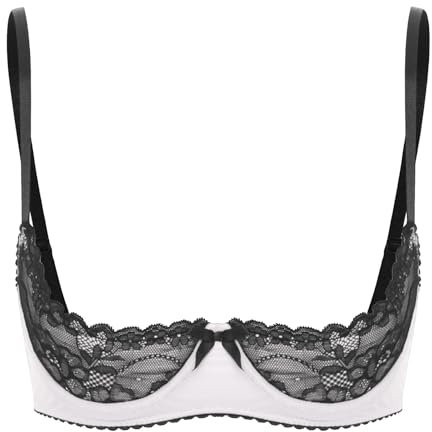 FEESHOW Womens Contrast Lingerie Underwear Spaghetti Straps Underwire Half Cup Push Up Balconette White 3XL