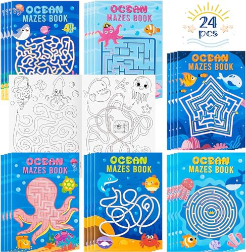 EGuangwiua 24 Stück Ozean-Thema Labyrinthbücher Kinder Cartoon-Ozean-Tiere Malvorlagen Labyrinthe Aktivitätsheft Schwierigkeitsstufen Puzzle-Spiele Problemlöse-Labyrinthbücher Anfänger Kinderspielzeug