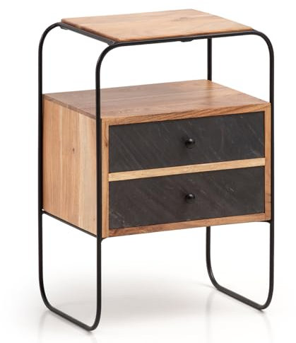 Wohnling Nachttisch Akazie Massivholz/Steinoptik 40x60x30 cm Nachtschrank Boxspringbett, Industrial Nachtkonsole Braun mit 2 Schubladen & Ablagefläche, Nachtkommode Stauraum & Metallgestell