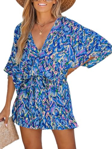 CUPSHE Women Jumpsuit V Neck Lace Up Romper Leopard Print Dolman Sleeves Short Wide Leg Casual Overall Playsuit Blue XL