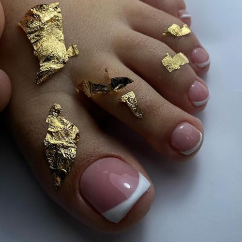 MouyouGlow 24 Stück Fake Zehennägel Fußnägel zum Aufkleben Kurz,Squared Rosa Nude Weiss French Künstlich Toe Nails Full Cover Fuß Press on Nails mit Kleber