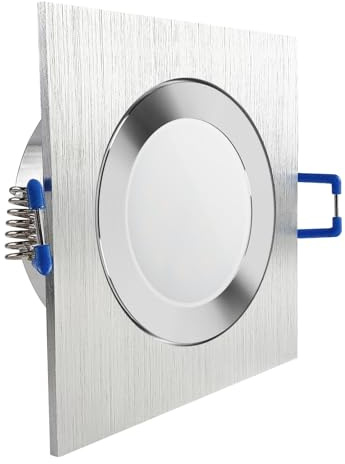 LED Einbaustrahler Feuchtraum IP44 Aluminium geschliffen | quadratisch Echtglas | Lochmaß Ø 60mm - 85mm | Einbautiefe 55mm | Anschlussfertig mit MR16 12V Fassung Farbe 5W LED kaltweiß MR16 12V