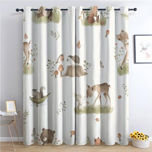 THYUNQ Vorhänge Waldtiere Motiv, Vorhang Blickdicht Verdunklungsvorhänge Thermovorhang mit Ösen, Gardinen Wohnzimmer Schlafzimmer Fenster, 2er Set Curtains, H 166 x B 75 cm