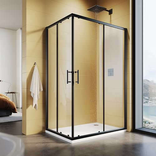 SUNXURY Cabina de ducha de 70 x 120 x 195 cm, entrada esquinera con puertas correderas dobles, marco negro, 5 mm, cristal de seguridad (ESG) transparente, montaje en plato de ducha o azulejo