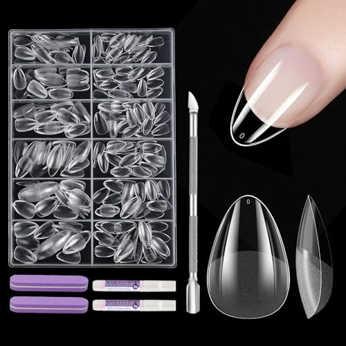 Almond Nail Tips, EARLMONI 432Pcs Short Fake Nails Set Full Cover Nail Tips for Gel Extensions, Clear Short Nail Tips with Glue, Nail File, Cuticle Pusher, 12 Size Acrylic Nail Extension Kit XS