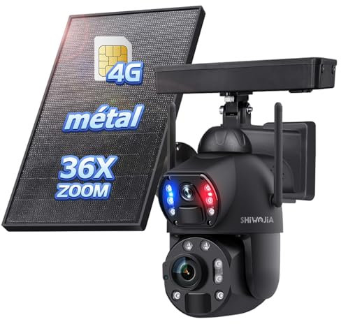 SHIWOJIA Telecamera di sorveglianza con scheda SIM Pannello Solare, 6MP 36X Zoom Ottico Fotocamera, Metallo/Doppio PIR Rilevamento Umano/Visione Notturna Colore/Doppia Lettivo/IP67