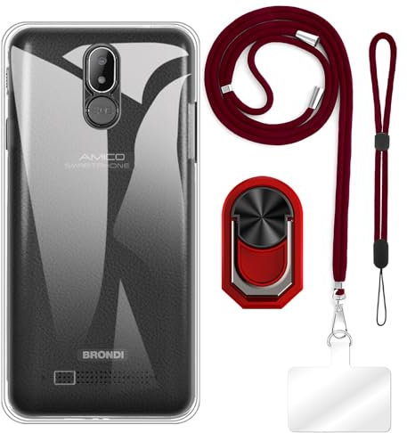 ESACMOT Custodia progettata per smartphone Brondi Amico S (5,7) + tracolla regolabile e cordini da collo, cinturino da polso morbido e supporto per anello stile Mecha con cavalletto