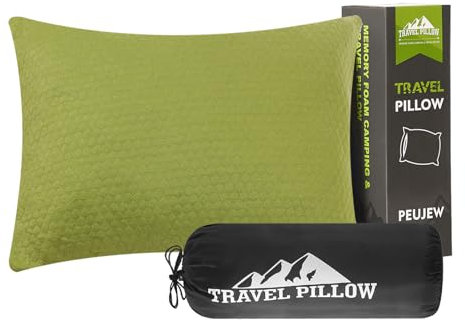 PEUJEW Reisekissen, Rucksackreisen, komprimierbares Memoryschaumkissen, atmungsaktiver Bezug für Reisen, Flugzeug, Wandern und Auto