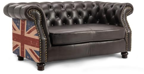 Lovesofas Luxury Chesterfield PU Leather 2 Seater Sofa with British Union Jack Flag Fabric Print – 162 CM Wide Vintage Brown Living Room Gentlemen’s Club Couch, Deep Tufting, Solid Wood Frame & Legs