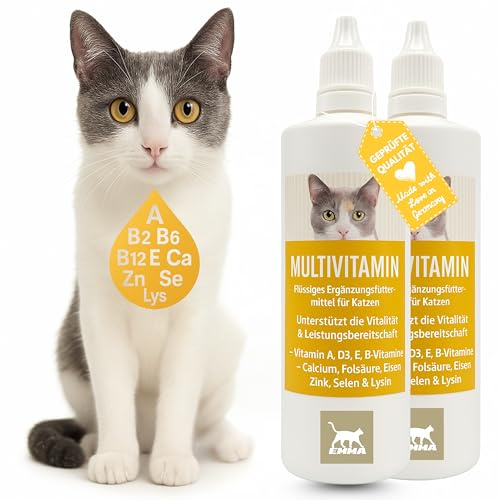 EMMA Katzen Vitamine Multivitamin 2×100 ml – Vitamin B Komplex mit B12 B6 | B1 A D3 E – Mineralien Folsäure Eisen Zink Selen & L-Lysin –, Fell & Stoffwechsel Katze – Vitamin B-Komplex katze flüssig