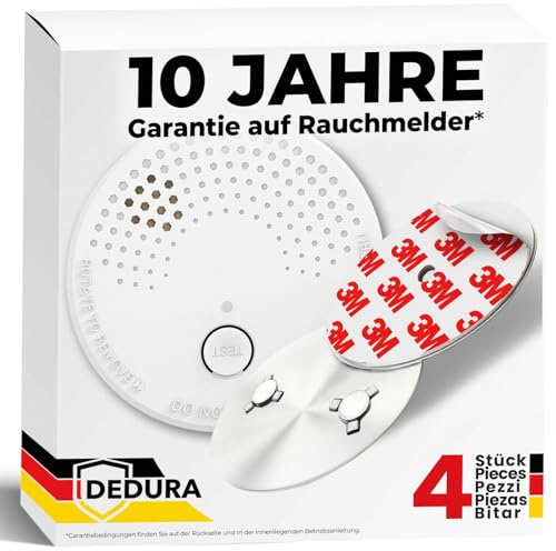 Rauchmelder mit Magnethalterung 4er Set - ohne Bohren und Schrauben mit 10 Jahre Garantie - Magnethalter mit extra starken Klebepads