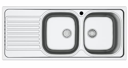 FHULLER Lavello TM1162ILPC da incasso 2 vasche con gocciolatoio sinistro | Acciaio Inox Prelucido | 116x50 cm | Foro Scarico 3,5” | Lavello Cucina Resistente, Igienico e Facile da Pulire