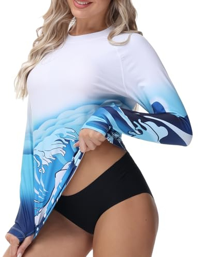 Camiseta UV para mujer Rash Guard Protección UV Swimwear de manga larga para agua y surf con UPF50+ Secado rápido con orificio para el pulgar, M
