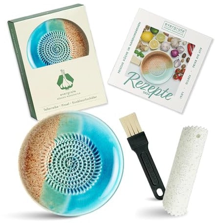 Evergrate® Keramikreibe Ocean mit Geschenkbox – mit Reibe, Knoblauchschäler, Rezeptheft & Pinsel – Handgefertigt für Ingwer, Knoblauch & mehr – Spülmaschinenfest & langlebig