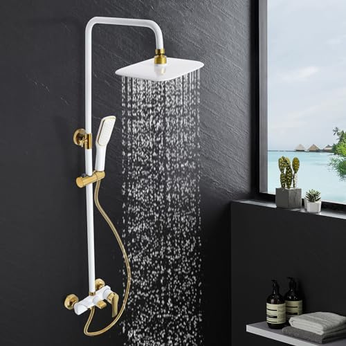 Duschsystem Dusche Brausekopf HöHenverstellbar Shower Handbrause Dusch Satz Regendusche Duschset Einstellbare HöHe Duschgarnitur Brausegarnitur G1/2 für Wohnungen Hotels Restaurants (Weiß,Gold)