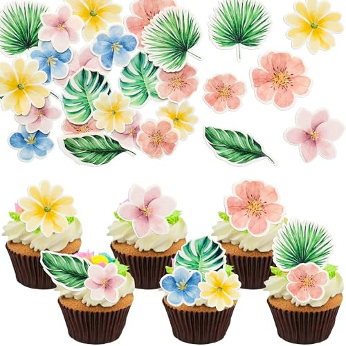 Gyufise 50Pcs Edible Tropical Turtle Leaves Flower Cupcake Toppers Wafer Paper Palm Leaf Cake Topper Decorations for Hawaii Aloha Jungle Summer Theme Wedding Birthday Baby Shower Green Pink