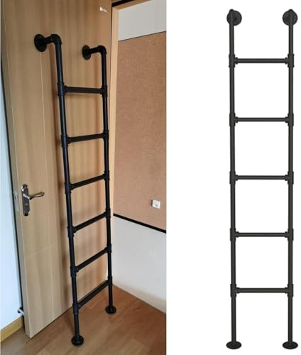 An der Wand befestigte Dachbodenleiter Schwarz Innen Etagenbett Leiter Metall Eisen Fire Escape Leiter für Schlafsaal, Bibliothek, Lager, Deck, RV, Boot, 330LBS Last,Black-2.2M