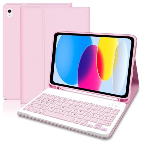 Hofsos Hülle mit Tastatur für iPad A16 11 Generation 2025/10 Generation 2022(11/10.9 Zoll), QWERTZ Layout Keyboard, Magnetische Abnehmbare Schutzhülle mit Stifthalter für iPad 11./10. Gen, Rosa