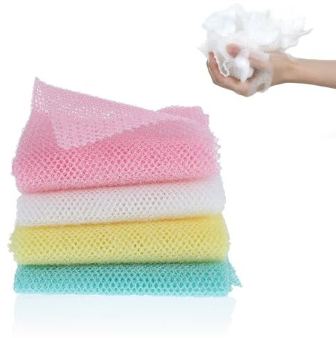 Classicseali Lot de 4 filets africains exfoliants, éponge en maille africaine, soin de la peau douce, serviette exfoliante pour le dos pour hommes et femmes, bain pour toutes les peaux