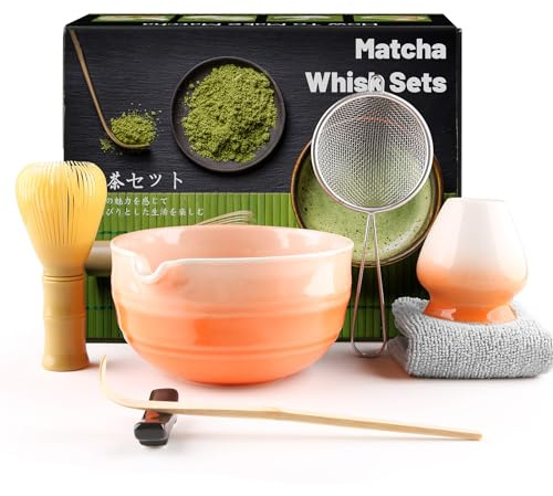 Muexoee 7 Pcs Matcha Set,Matcha Tea for Making Breakfast/Latte,Whisk Set and Bowl with All Accessories，Authentic Tea Ceremony，Gradient Orange Bowl, Stirrer Yellow