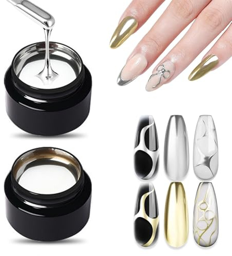 Metallic Nail Polish Set, Silver & Gold Gel Nail Polish, High-Shine Chrome Gel Nail Polish Mirror Finish, 3D Effect Soak Off UV Metallic Painting Gel for Beginners Home DIY Salon Use