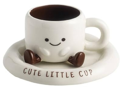 Mqnnfc Ceramic Smiley Face Coffee Mug with Saucer Set, Cute Kawaii 3D Milk Mug, Fun Aesthetic Gift, Adorable Chubby Feet Cup