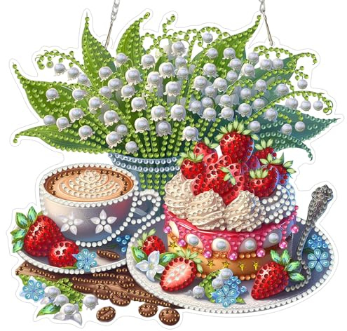 MAXBYE Kuchen Diamond Painting Fensterbilder Set für Erwachsene 20x20cm | Blumen Diamond Painting Anhänger mit Kette, DIY Diamantmalerei Hanging Both Sides Hängende Ornament Für Fenster Wand Decor