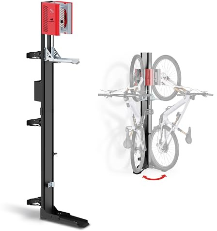 MADAMO Fahrradlift schwenkbar - Fahrrad Wandhalterung vertikal bis 32kg - Fahrradaufhängung Wand - Bike Wall Mount für Garagen Ordnung - Für alle Fahrradtypen inkl E-Bike, MTB & Rennrad - Schwarz/Rot