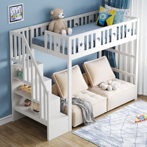 ZKLOEP Letto a castello per bambini, 90 x 200 cm, con scala, letto a soppalco in legno massiccio con ringhiera di sicurezza, decorazione a stella e luna, bianco