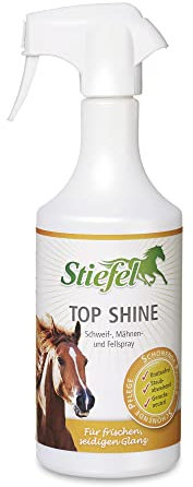 Stiefel Top Shine für Pferde Fell-, Mähnen- & Schweifspray für seidigen Glanz, verhindert Knotenbildung, unsichtbarer Schutzfilm, hochwertige Pflege für Fell, Mähne & Schweif des Pferdes, 750ml