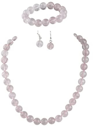Treasure Bay Stunning 12mm Natural Gemstone Beaded Necklace and Bracelet Jewellery Set For Women (Pink Rose Quartz)