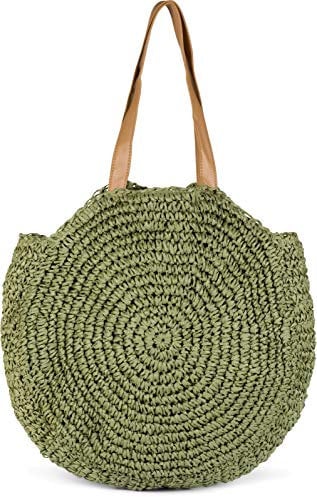 styleBREAKER runde Damen Basttasche mit langen Henkeln | Geflochtene Korbtasche als Strandtasche oder Shopper | Großes Hauptfach mit Reißverschluss, Farbe:Oliv