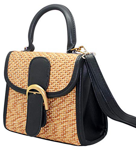 boshiho Retro-Handtasche aus gewebtem Stroh, für Damen, kleine Umhängetasche, Schultertasche, Large - Schwarz
