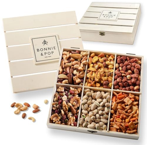 Nut Gift Basket in Reusable Wooden Crate, Healthy Gift Option, Ramadan, Easter Gourmet Snack Food Box, with Unique Flavors, Thank You, Sympathy & Birthday- Bonnie & Pop
